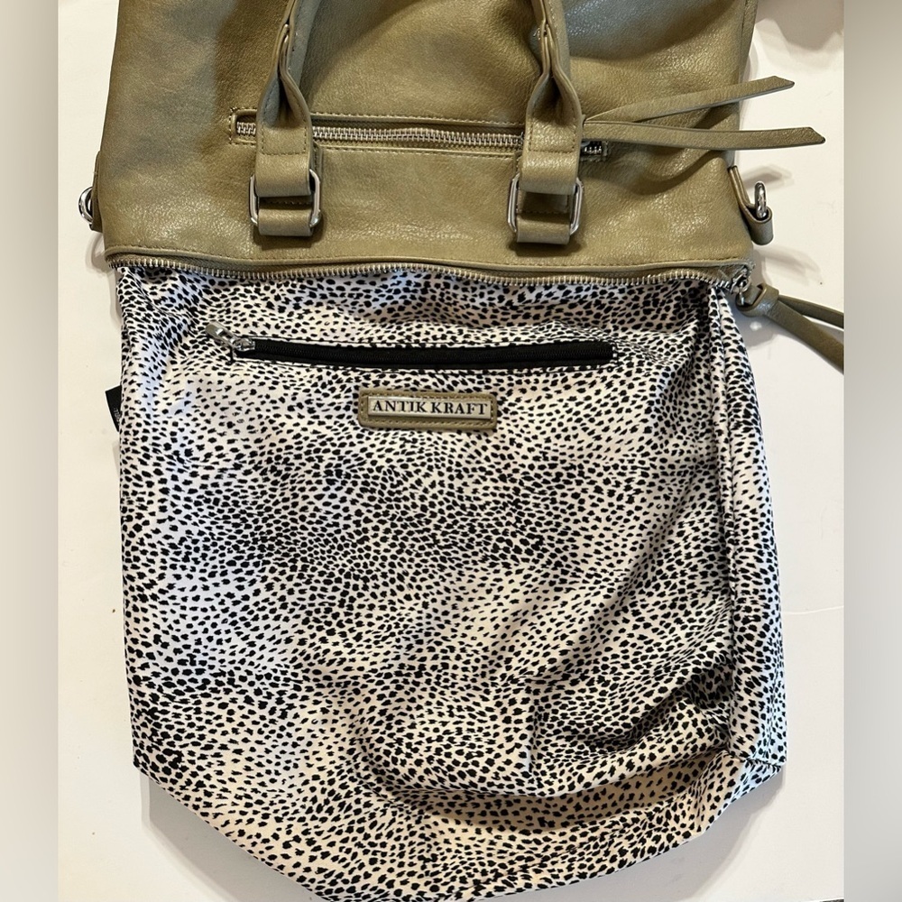 Antik Kraft Shoulder Bag Removable Crossbody Strap Greenish/Tan Studs Zipper - Picture 9 of 16